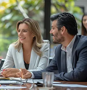 Two senior business executives meeting at a table to discuss company incorporation in Argentina